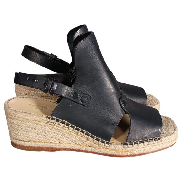 Rag & Bone Sandals 8.5 Womens Black Leather Espadrille Wedge Mid Casual Toe - Picture 2 of 9